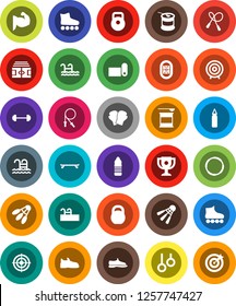 White Solid Icon Set- award cup vector, target, barbell, stadium, weight, jump rope, punching bag, muscule hand, snickers, boxing glove, roller Skates, skateboard, sports nutrition, water bottle