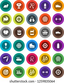 White Solid Icon Set- award cup vector, target, barbell, jump rope, hand trainer, punching bag, muscule, snickers, boxing glove, roller Skates, medal, sports nutrition, water bottle, fitness mat