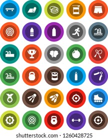White Solid Icon Set- award cup vector, target, barbell, weight, jump rope, hand trainer, punching bag, fitball, boxing glove, shorts, roller Skates, skateboard, medal, sports nutrition, fitness mat