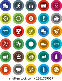 White Solid Icon Set- award cup vector, weight, jump rope, punching bag, fitball, snickers, boxing glove, shorts, roller Skates, skateboard, target, medal, sports nutrition, water bottle, pool, hoop
