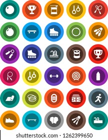 White Solid Icon Set- award cup vector, target, barbell, stadium, jump rope, hand trainer, fitball, snickers, boxing glove, roller Skates, skateboard, sports nutrition, water bottle, fitness mat