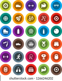 White Solid Icon Set- award cup vector, target, barbell, stadium, weight, jump rope, hand trainer, punching bag, fitball, muscule, snickers, boxing glove, shorts, roller Skates, skateboard, medal
