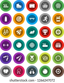White Solid Icon Set- award cup vector, barbell, stadium, jump rope, hand trainer, fitball, boxing glove, shorts, roller Skates, skateboard, target, medal, sports nutrition, water bottle, pool, hoop