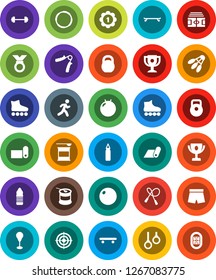 White Solid Icon Set- award cup vector, barbell, stadium, weight, jump rope, hand trainer, punching bag, fitball, shorts, roller Skates, skateboard, target, medal, sports nutrition, water bottle