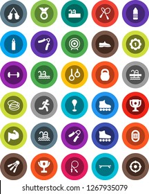 White Solid Icon Set- award cup vector, barbell, weight, jump rope, hand trainer, punching bag, muscule, snickers, boxing glove, roller Skates, skateboard, target, medal, water bottle, shuttlecock