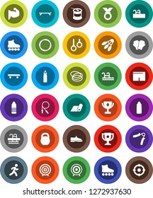 White Solid Icon Set- award cup vector, target, weight, jump rope, hand trainer, punching bag, muscule, snickers, boxing glove, shorts, roller Skates, skateboard, medal, sports nutrition, pool, hoop