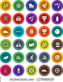 White Solid Icon Set- award cup vector, stadium, jump rope, hand trainer, fitball, snickers, boxing glove, roller Skates, skateboard, target, medal, sports nutrition, water bottle, fitness mat, pool