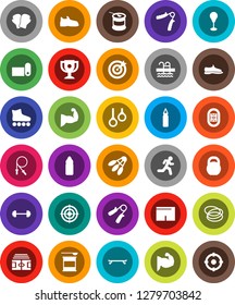White Solid Icon Set- award cup vector, barbell, stadium, weight, jump rope, hand trainer, punching bag, muscule, snickers, boxing glove, shorts, roller Skates, skateboard, target, sports nutrition