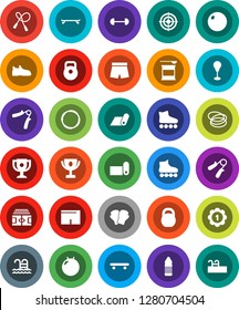 White Solid Icon Set- award cup vector, barbell, stadium, weight, jump rope, hand trainer, punching bag, fitball, snickers, boxing glove, shorts, roller Skates, skateboard, target, medal, pool, hoop