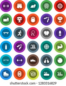 White Solid Icon Set- award cup vector, target, barbell, weight, jump rope, hand trainer, punching bag, fitball, muscule, snickers, boxing glove, shorts, roller Skates, skateboard, water bottle, run