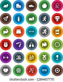 White Solid Icon Set- award cup vector, barbell, weight, jump rope, hand trainer, punching bag, fitball, muscule, snickers, boxing glove, shorts, roller Skates, skateboard, target, medal, pool, hoop