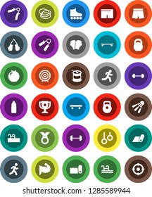White Solid Icon Set- award cup vector, target, barbell, weight, hand trainer, fitball, muscule, boxing glove, shorts, roller Skates, skateboard, medal, sports nutrition, water bottle, fitness mat