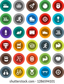White Solid Icon Set- award cup vector, target, weight, jump rope, punching bag, fitball, muscule hand, snickers, boxing glove, shorts, roller Skates, skateboard, medal, sports nutrition, pool, hoop