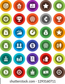 White Solid Icon Set- award cup vector, certificate, graph, pie, japanese candle, money bag, dollar growth, bank building, target, medal, cent sign, stairways run, top, favorites, coin, cash