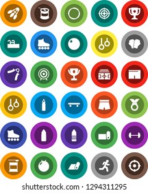 White Solid Icon Set- award cup vector, barbell, stadium, hand trainer, punching bag, fitball, boxing glove, shorts, roller Skates, skateboard, target, medal, sports nutrition, water bottle, hoop