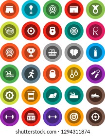 White Solid Icon Set- award cup vector, target, barbell, stadium, weight, jump rope, hand trainer, punching bag, snickers, boxing glove, shorts, medal, sports nutrition, fitness mat, pool, hoop, run