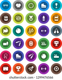 White Solid Icon Set- award cup vector, barbell, jump rope, hand trainer, punching bag, fitball, muscule, boxing glove, shorts, roller Skates, skateboard, medal, sports nutrition, water bottle, hoop