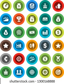White Solid Icon Set- award cup vector, graph, pie, japanese candle, money bag, dollar growth, bank building, target, medal, cent sign, stairways run, top, favorites, coin, cash