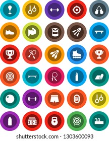 White Solid Icon Set- award cup vector, target, barbell, stadium, weight, jump rope, punching bag, fitball, muscule hand, snickers, boxing glove, shorts, roller Skates, skateboard, sports nutrition
