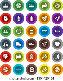 White Solid Icon Set- award cup vector, target, barbell, weight, hand trainer, muscule, snickers, boxing glove, roller Skates, skateboard, sports nutrition, water bottle, shuttlecock, pool, hoop