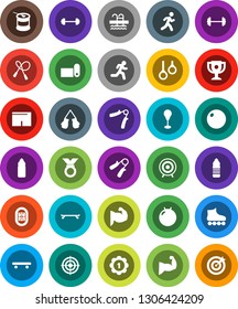 White Solid Icon Set- award cup vector, barbell, jump rope, hand trainer, punching bag, fitball, muscule, boxing glove, shorts, roller Skates, skateboard, target, medal, sports nutrition, pool, run