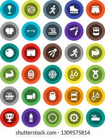 White Solid Icon Set- award cup vector, weight, hand trainer, punching bag, fitball, muscule, boxing glove, shorts, roller Skates, skateboard, target, medal, sports nutrition, water bottle, pool
