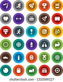 White Solid Icon Set- award cup vector, barbell, stadium, weight, hand trainer, punching bag, fitball, muscule, snickers, boxing glove, shorts, target, medal, sports nutrition, water bottle, pool