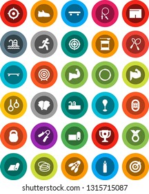 White Solid Icon Set- award cup vector, target, weight, jump rope, hand trainer, punching bag, muscule, snickers, boxing glove, shorts, skateboard, medal, sports nutrition, fitness mat, shuttlecock