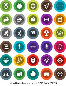 White Solid Icon Set- award cup vector, target, barbell, weight, jump rope, hand trainer, punching bag, fitball, muscule, boxing glove, shorts, skateboard, medal, sports nutrition, water bottle, run