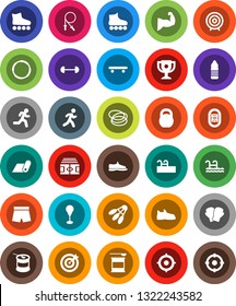 White Solid Icon Set- award cup vector, target, barbell, stadium, weight, jump rope, punching bag, muscule hand, snickers, boxing glove, shorts, roller Skates, skateboard, sports nutrition, hoop