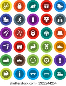 White Solid Icon Set- award cup vector, stadium, weight, jump rope, hand trainer, punching bag, muscule, snickers, boxing glove, shorts, roller Skates, skateboard, target, medal, water bottle, hoop