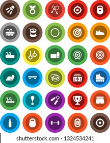 White Solid Icon Set- award cup vector, target, barbell, stadium, weight, jump rope, hand trainer, punching bag, snickers, shorts, roller Skates, skateboard, medal, sports nutrition, fitness mat