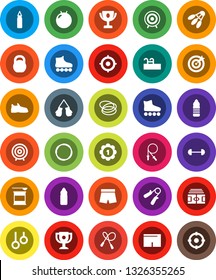 White Solid Icon Set- award cup vector, target, barbell, stadium, weight, jump rope, hand trainer, punching bag, fitball, snickers, boxing glove, shorts, roller Skates, medal, sports nutrition, hoop