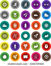 White Solid Icon Set- award cup vector, barbell, weight, jump rope, hand trainer, fitball, muscule, snickers, shorts, roller Skates, target, medal, water bottle, fitness mat, shuttlecock, pool, hoop