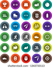 White Solid Icon Set- award cup vector, barbell, weight, hand trainer, fitball, muscule, snickers, boxing glove, shorts, roller Skates, skateboard, target, medal, sports nutrition, water bottle, run