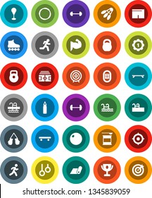 White Solid Icon Set- award cup vector, target, barbell, stadium, weight, punching bag, fitball, muscule hand, boxing glove, shorts, roller Skates, skateboard, medal, sports nutrition, fitness mat
