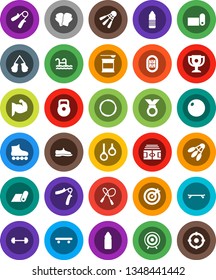 White Solid Icon Set- award cup vector, barbell, stadium, weight, jump rope, hand trainer, fitball, muscule, snickers, boxing glove, roller Skates, skateboard, target, medal, sports nutrition, hoop