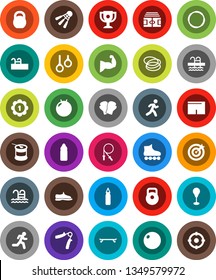 White Solid Icon Set- award cup vector, stadium, weight, jump rope, hand trainer, punching bag, fitball, muscule, snickers, boxing glove, shorts, roller Skates, skateboard, medal, sports nutrition