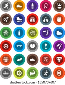White Solid Icon Set- award cup vector, target, stadium, weight, jump rope, hand trainer, punching bag, muscule, snickers, boxing glove, roller Skates, skateboard, medal, sports nutrition, pool, run
