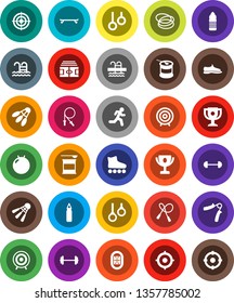 White Solid Icon Set- award cup vector, target, barbell, stadium, jump rope, hand trainer, punching bag, fitball, snickers, roller Skates, skateboard, sports nutrition, water bottle, shuttlecock