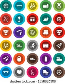 White Solid Icon Set- award cup vector, target, stadium, weight, jump rope, hand trainer, punching bag, snickers, boxing glove, shorts, roller Skates, skateboard, medal, water bottle, fitness mat