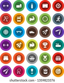 White Solid Icon Set- award cup vector, target, barbell, stadium, weight, jump rope, hand trainer, punching bag, muscule, snickers, shorts, skateboard, medal, sports nutrition, fitness mat, pool