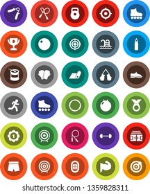 White Solid Icon Set- award cup vector, target, barbell, stadium, weight, jump rope, hand trainer, punching bag, fitball, muscule, snickers, boxing glove, shorts, roller Skates, medal, fitness mat
