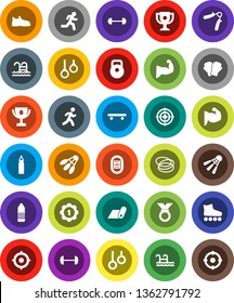 White Solid Icon Set- award cup vector, target, barbell, weight, hand trainer, punching bag, muscule, snickers, boxing glove, roller Skates, skateboard, medal, water bottle, fitness mat, shuttlecock