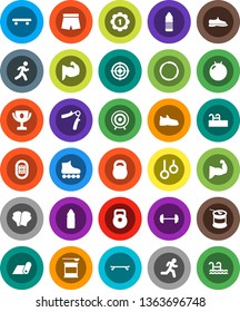 White Solid Icon Set- award cup vector, barbell, weight, hand trainer, fitball, muscule, snickers, boxing glove, shorts, roller Skates, skateboard, target, medal, sports nutrition, water bottle, run