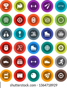 White Solid Icon Set- award cup vector, target, barbell, stadium, weight, jump rope, hand trainer, punching bag, fitball, muscule, snickers, boxing glove, shorts, roller Skates, skateboard, medal