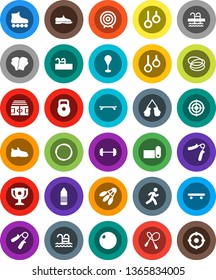 White Solid Icon Set- award cup vector, target, barbell, stadium, weight, jump rope, hand trainer, punching bag, fitball, snickers, boxing glove, roller Skates, skateboard, water bottle, fitness mat