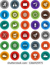 White Solid Icon Set- award cup vector, target, stadium, weight, jump rope, hand trainer, punching bag, fitball, muscule, snickers, boxing glove, shorts, roller Skates, skateboard, medal, pool, hoop