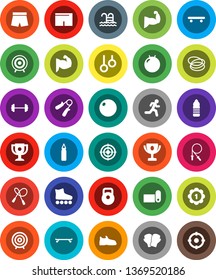 White Solid Icon Set- award cup vector, target, barbell, weight, jump rope, hand trainer, punching bag, fitball, muscule, snickers, boxing glove, shorts, roller Skates, skateboard, medal, pool, hoop