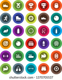White Solid Icon Set- award cup vector, barbell, stadium, weight, jump rope, punching bag, fitball, muscule hand, snickers, boxing glove, shorts, roller Skates, skateboard, target, medal, hoop, run
